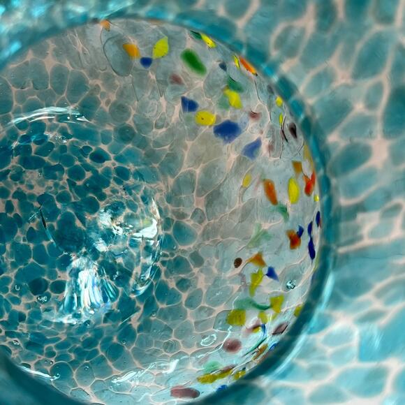 Mexican Hand Blown Glass Art Pitcher Turquoise Multi-Color Confetti 8.5" - Picture 8 of 16